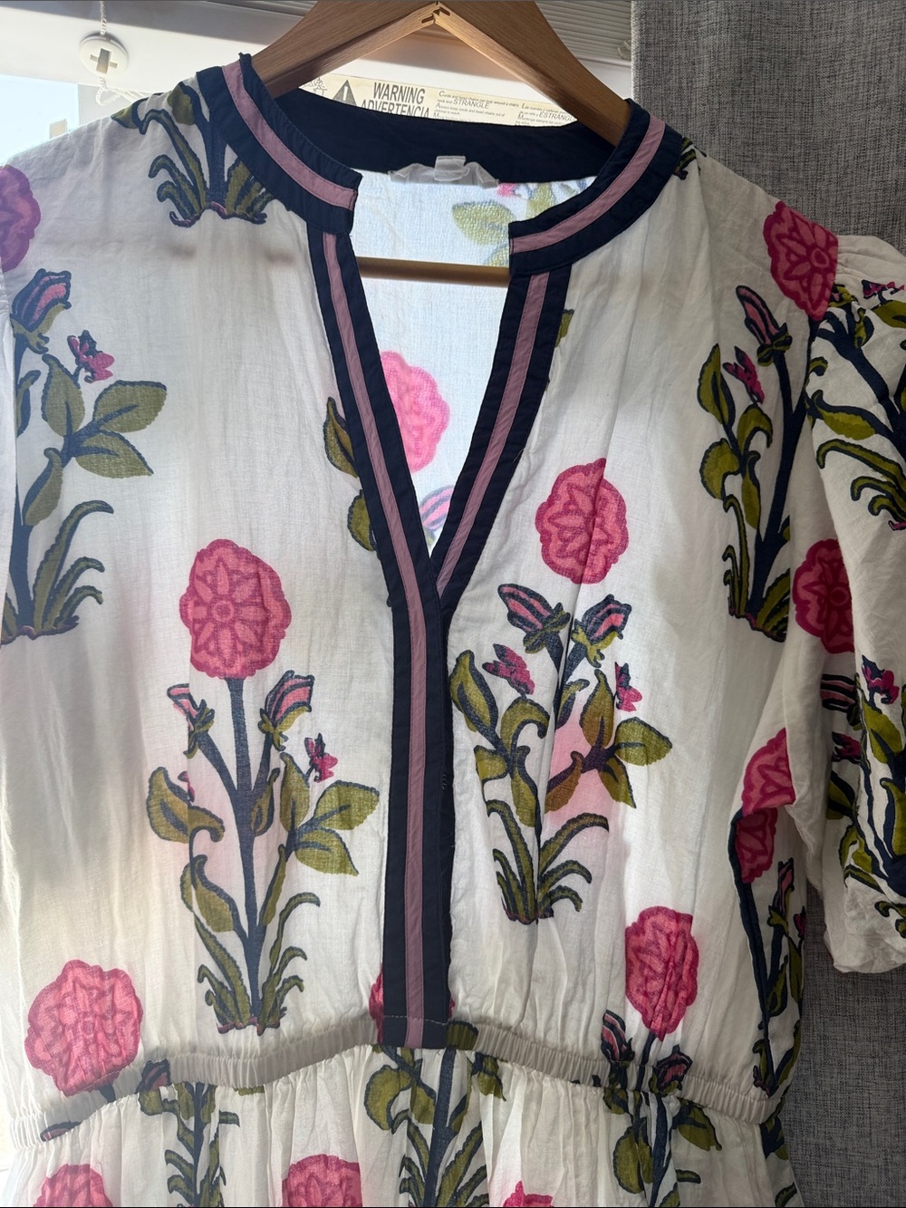THML White Floral Puff-Sleeve Midi Dress with Pink Roses - Picture 3 of 5